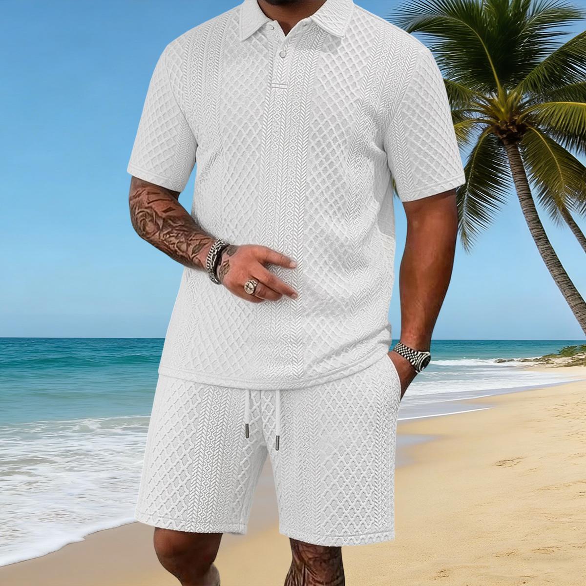 Men's summer casual texture fabric solid color polo shirt T-shirt shorts 2-piece set, loose fit suitable for casual sports, breathable and cool, essential summer outfit, comfortable and versatile  Menswear Plain, Shortsleeve, 1 Set (Dark Blue)