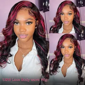 Ombre 13x6 Lace Front Wigs Human Hair Pre Plucked 180% Density Skunk Strip Highlight Wig Human Hair Pink And Black Wig HD Lace Frontal 1B/Pink Colored Wigs