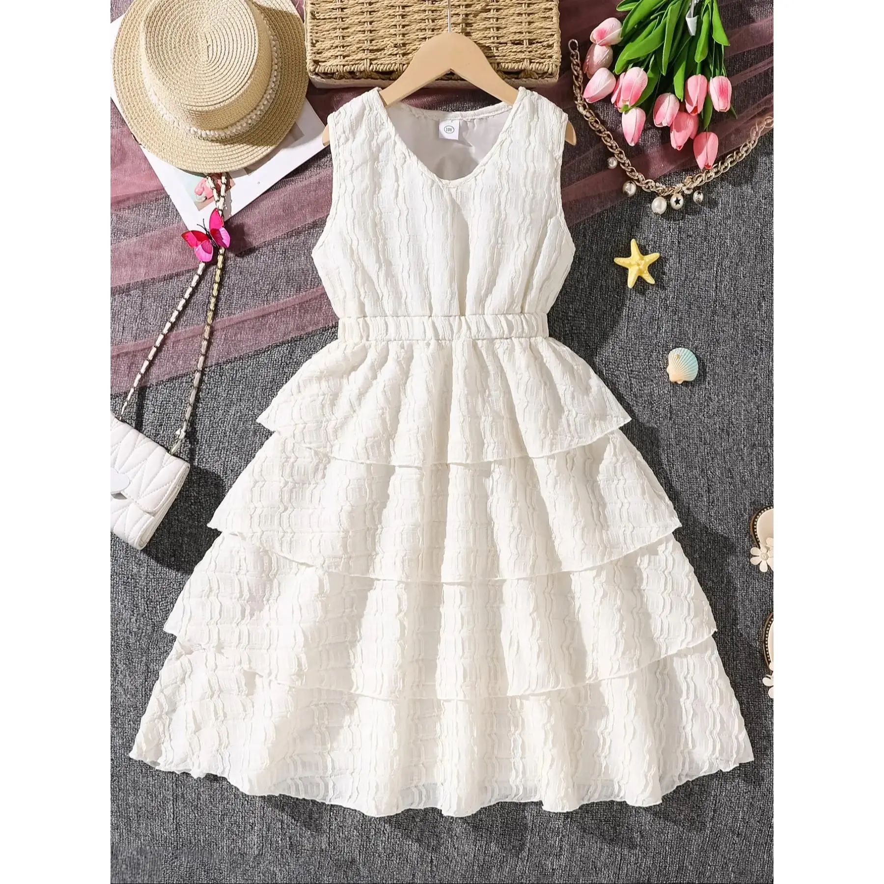 Girls' Plain Multi-Layer Hem Waist Cinching Fitted Dress, Fashionable Stylish Daily Wear, Perfect for Going Out, Casual Streetwear