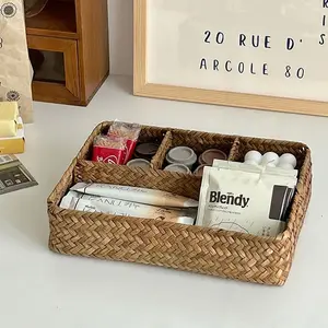 Desktop Woven Storage Basket, Compact Cosmetic Organizer Box, Tea Table Miscellaneous Bag, Tea Bags Remote Control Holder