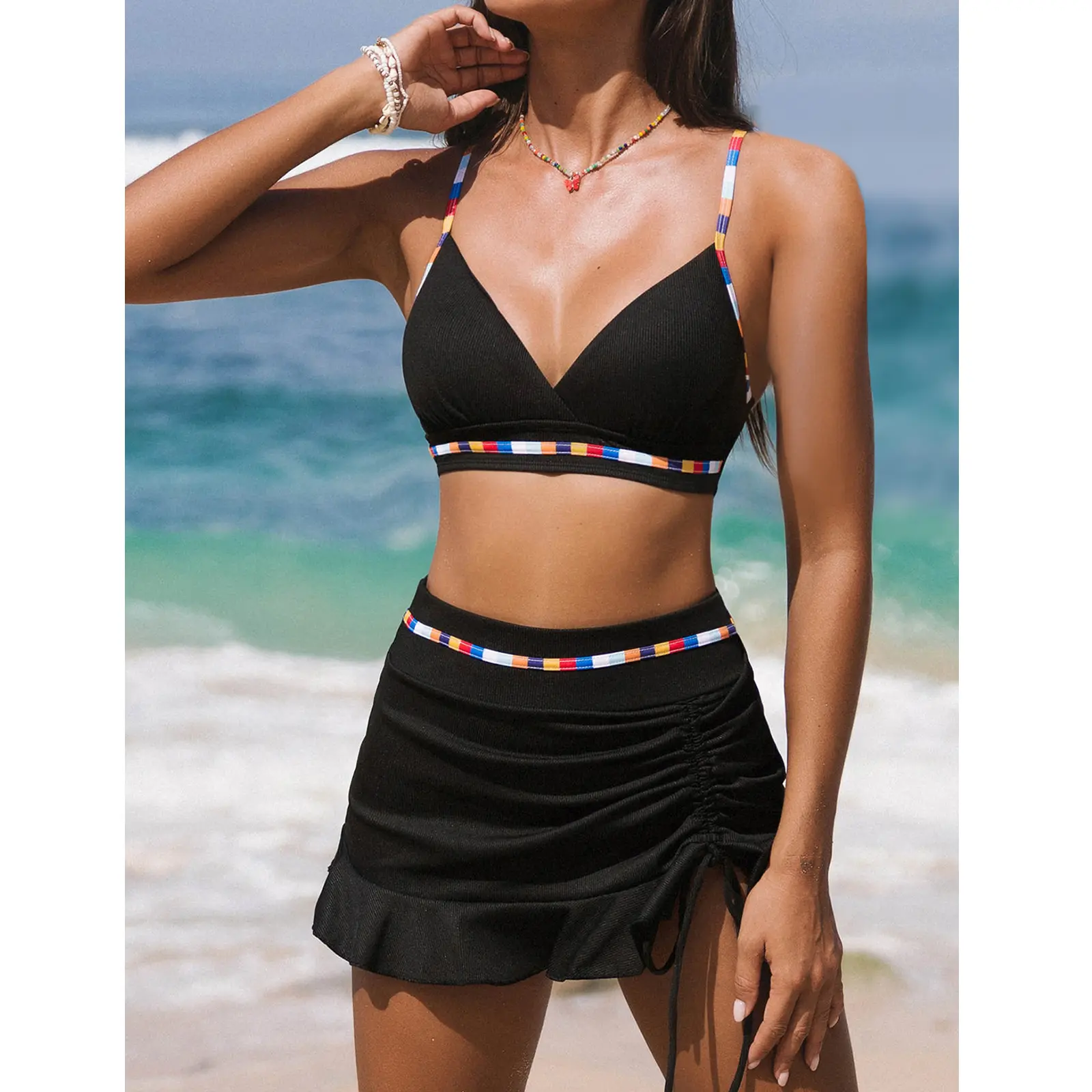 Women's 2-Piece Tankini Swimsuits - Sexy Spaghetti Strap Camisole Top, Ruffled Skirt Bottoms, Color-Block Straps, Backless Vacation Separates for Summer, Tankini Outfit Swimsuit, Two Piece Tankini