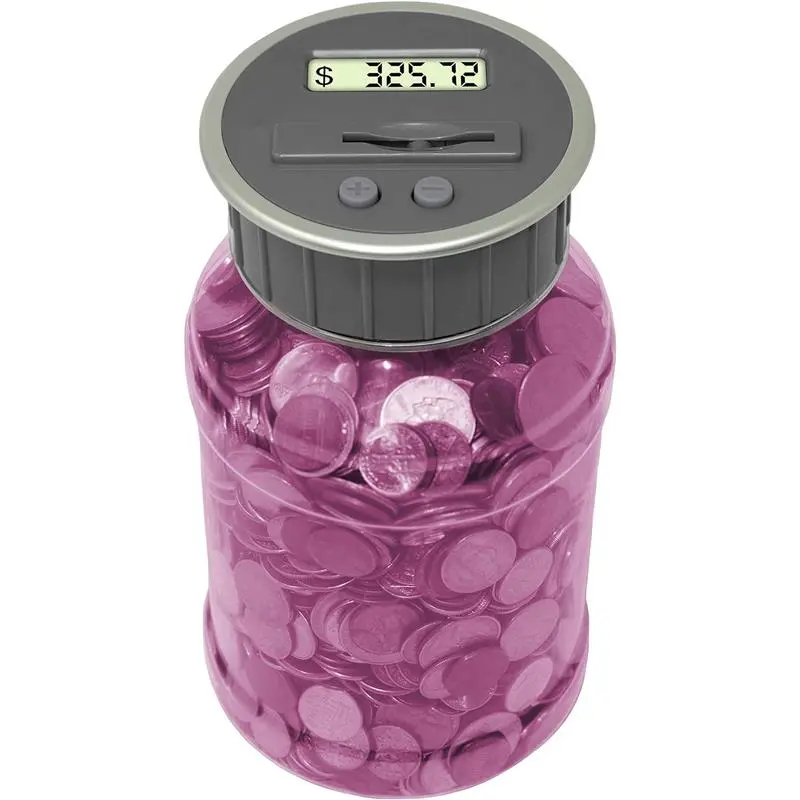 Digital Coin Bank Savings Jar - Automatic Coin Counter Totals all U.S. Coins including Dollars and Half Dollars - Original Style, Transparent Pink Jar