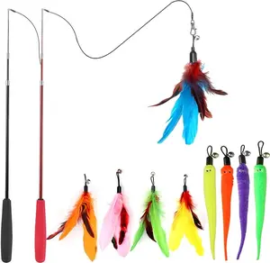 Interactive Cat Wand Toy Set with Feather Refills, Retractable Teaser Toy Kit for Indoor Cats & Kittens (2 Pack Wand + 9 Refills)