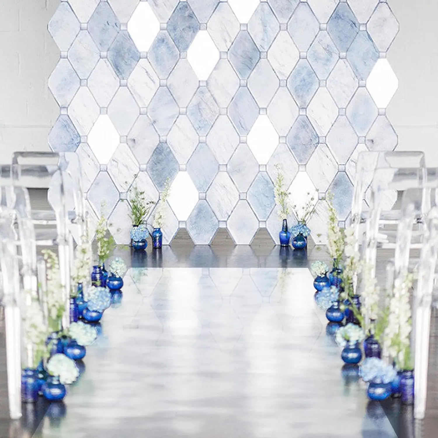 Geometric Mirror Rug - 3-Pack 66ft Double-Sided Silver Mirrored Floor Runners, Thin Low-Pile for Wedding Aisle, Thanksgiving Ceremonies, Indoor-Outdoor Events (65x3ft Size Option)