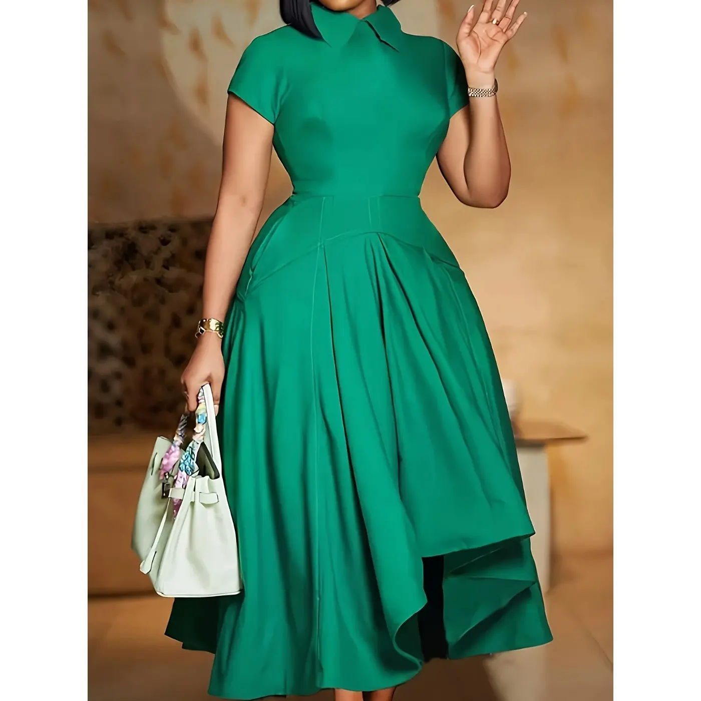 Elegant O-neck short-sleeved A-shaped slim-fit asymmetrical pleated hem formal party dress