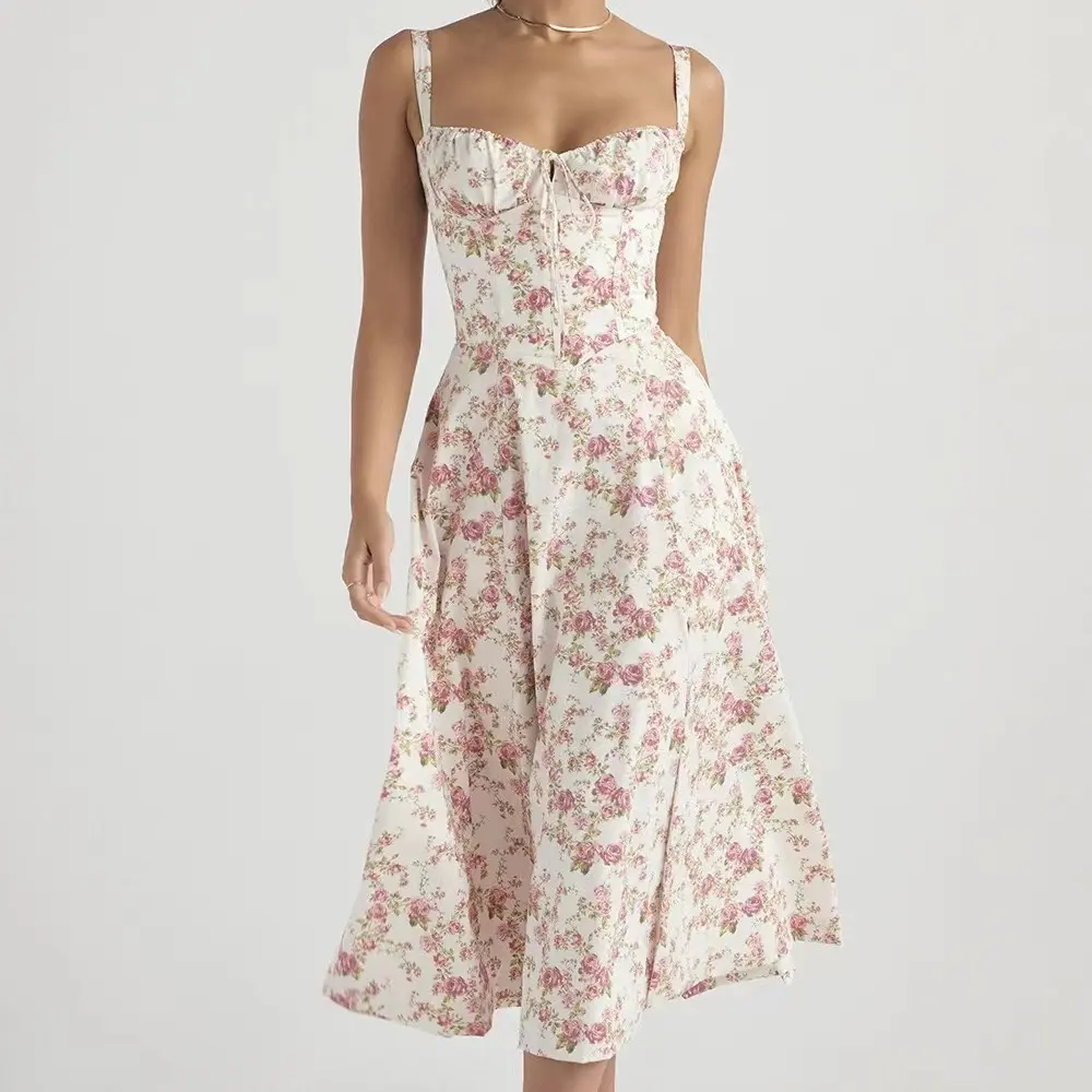 Summer elegant print pleated cami dress Casual Womenswear