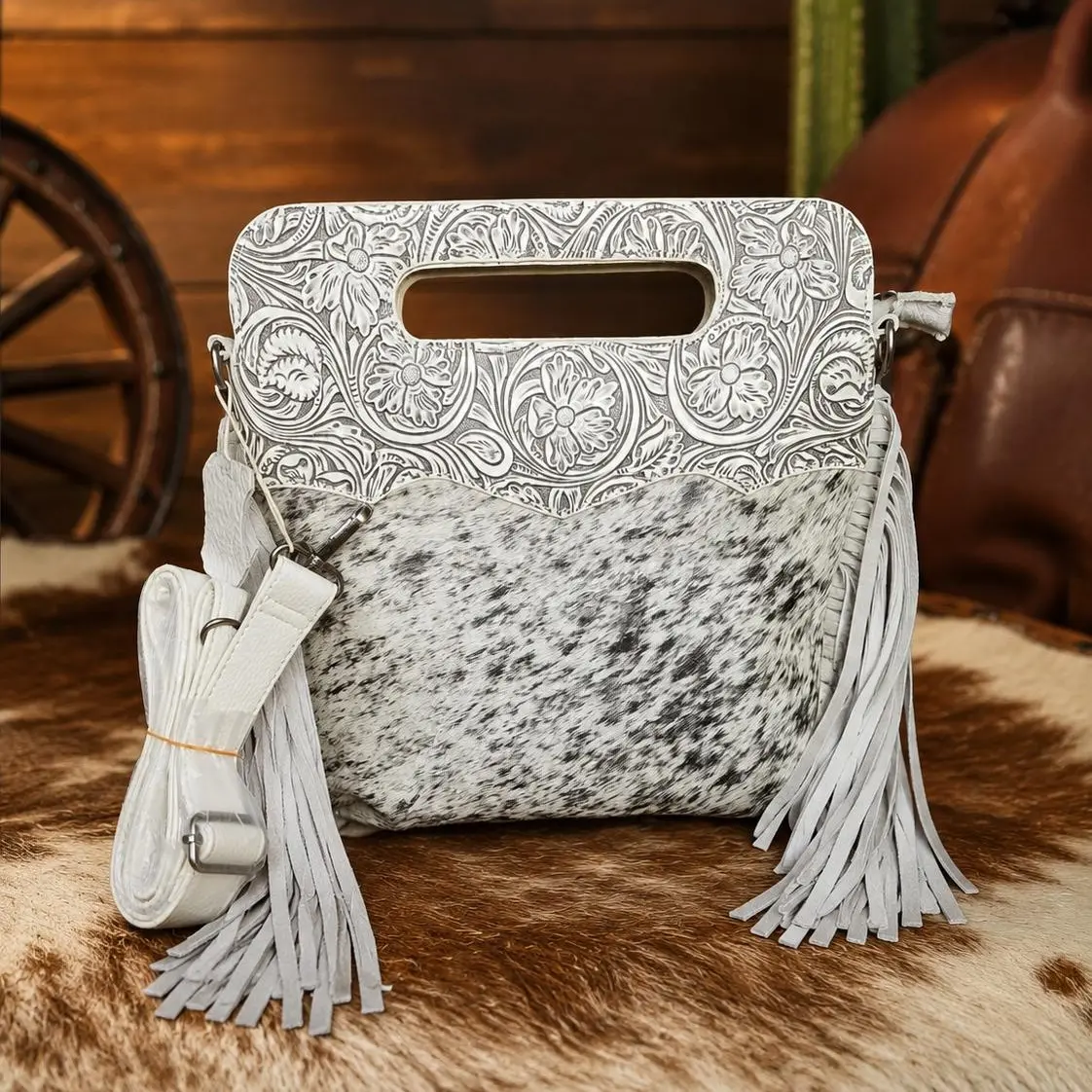 Ivory Outlaw Fringe CC Leather Crossbody Tote Bag