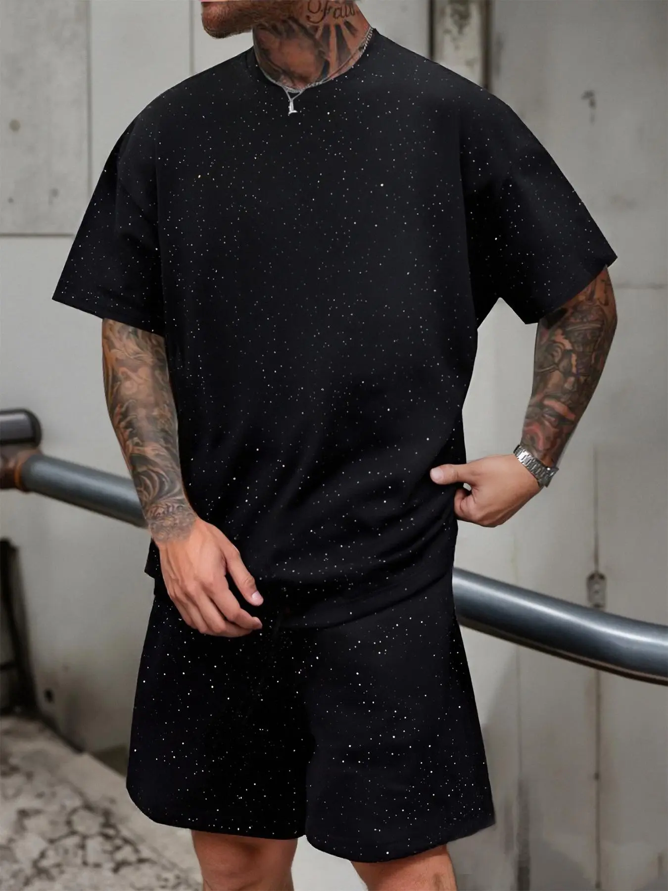 Men's Starry Galaxy Print Short Sleeve and Shorts Set, Matching Complete Sequin Design, Casual Fashion Item Perfect for Parties and Streetwear, Outfit