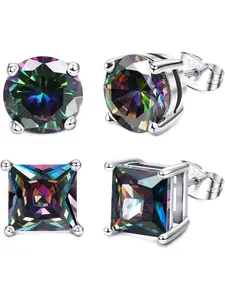 Cubic Zirconia Stud Earrings for Women & Men, Plated Sterling Silver, Brilliant Cut Simulated Diamonds, Hypoallergenic CZ Earrings, 2 Pairs, Stud Earring Jewelry