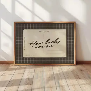 [Sale off up to 65%][Free Ship][No Frame] How Lucky Are We Vintage Postcard Wall Art – Neutral Typography Print, Gingham Background Print, Sentimental Quote Print, Digital Download