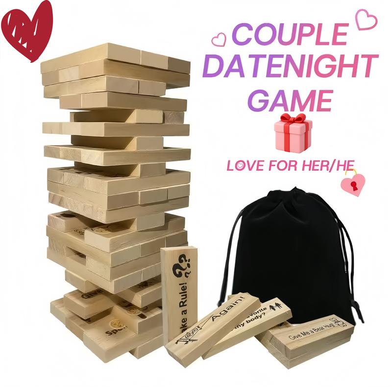 Stacking Tower Game for Couple Datenight English / Spanish 48 Pcs Wooden Blocks Best Party Gift for gf Party Anniversary Prank with Storage Bag
