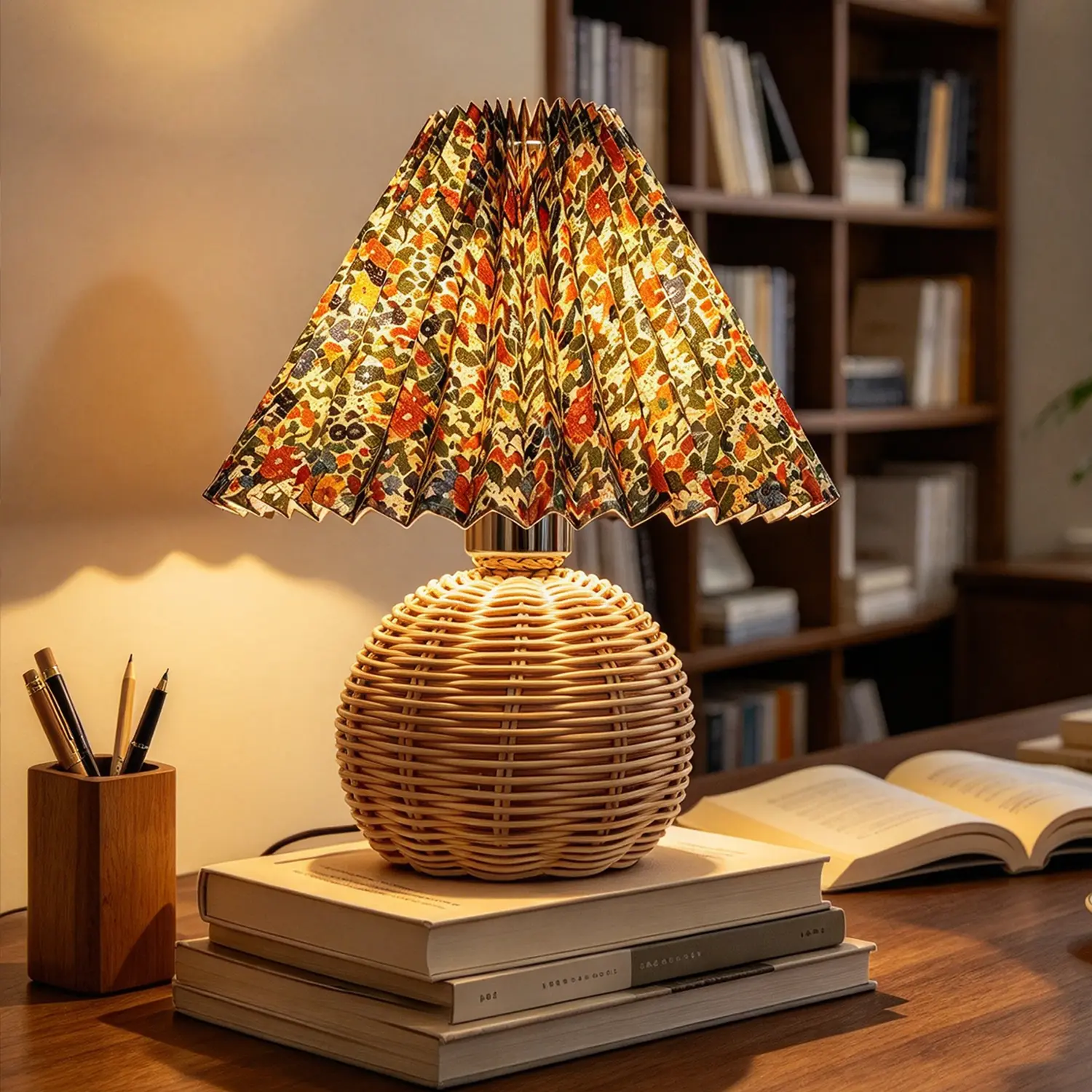 Vintage Pleated Floral Table Lamp, Handwoven Rattan Base, 3 Color Dimmable Desk Lamp, Boho Bedside Lamp for Bedroom Living Room Home Office Decor