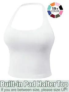 Women's Solid Removable Chest Pad Sports Tank Top, Casual Comfort and Durability Halter Neck Sports Top for Yoga Gym Workout, Ladies Sportswear for All Seasons, Pilates Yoga Wear