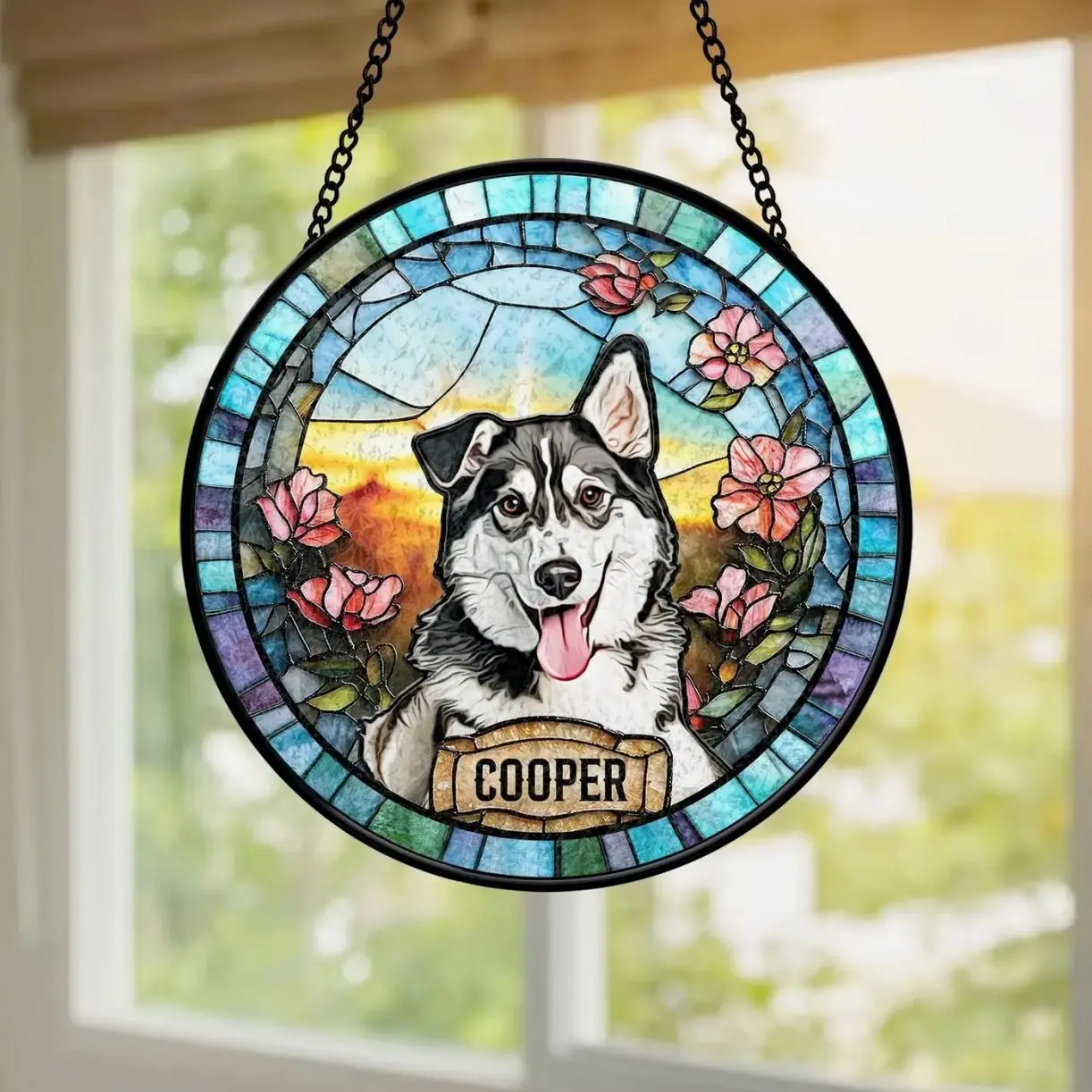 Personalized Dog Portrait Stained Glass Suncatcher, Custom Pet Memorial Stained Glass Photo Suncatcher