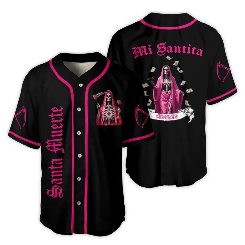 Santa Muerte Baseball Jersey Mexican Jersey Shirt, Jersey For Him For Her Style Button Down, Skeleton Baseball jersey