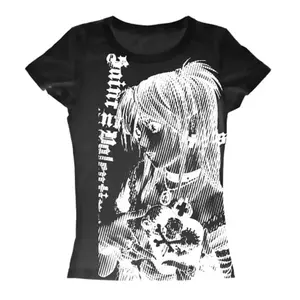QWEEK Women's Y2k Anime Streetwear Round Neck Crop T-shirt, 90s Text Printing, Harajuku Aesthetic Emo Casual Short Sleeve Vintage Tops for Summer, Tshirt