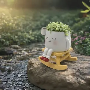 Cute Closed-Eye Smiling Rocking Chair Resin Flower Pot, Decorative Pot, Drainage Hole Succulent Planter, Desktop Pen Holder, Indoor Outdoor Decor