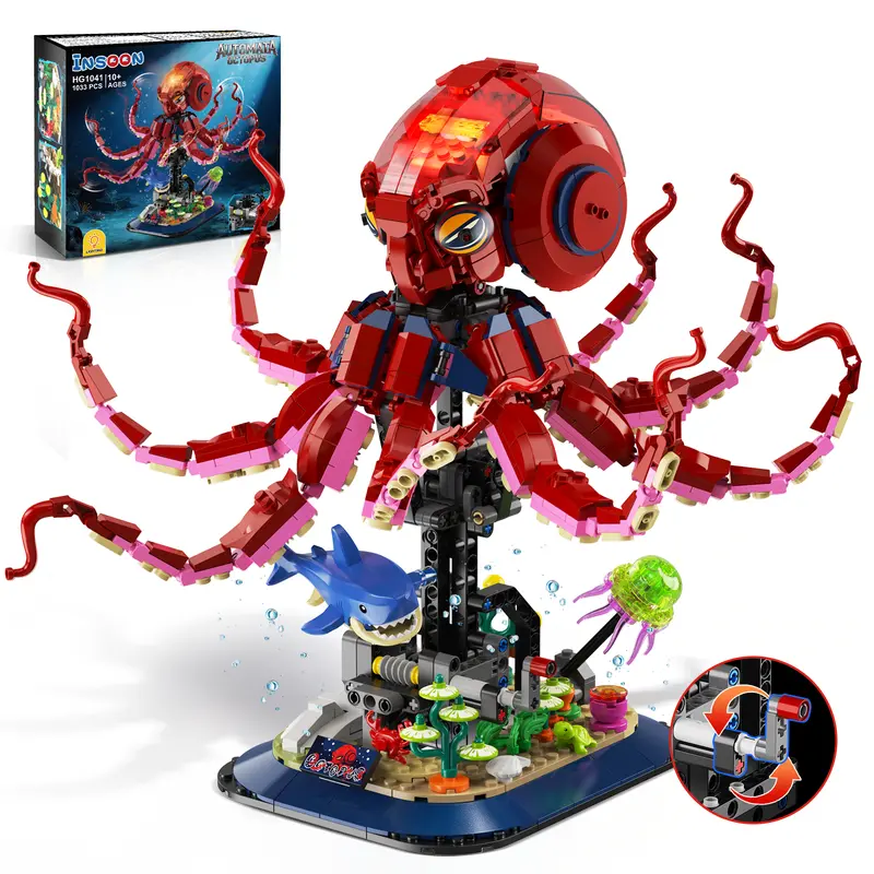 INSOON Mechanical Octopus Building Set with Lights, Movable Sea Animal Toy | Ocean Creature Building Blocks, 1033PCS Octopus Display Model with Shark & Jellyfish, DIY Creative Building Set, Christmas Gift for Adults, Teens & Boys 10+