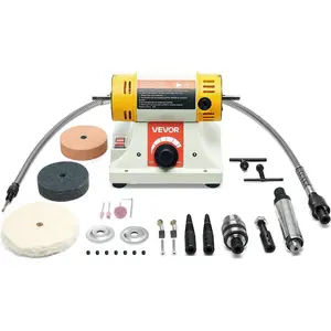 VEVOR Bench Buffer Polisher, 1/2HP Polishing Buffing Machine, 0 to 8000RPM Benchtop Polisher Grinder with 4" Cloth Wheel, 3" Grinding Wheel & 3" Fiber Wheel for Metal, Jewelry, Wood and Plastic