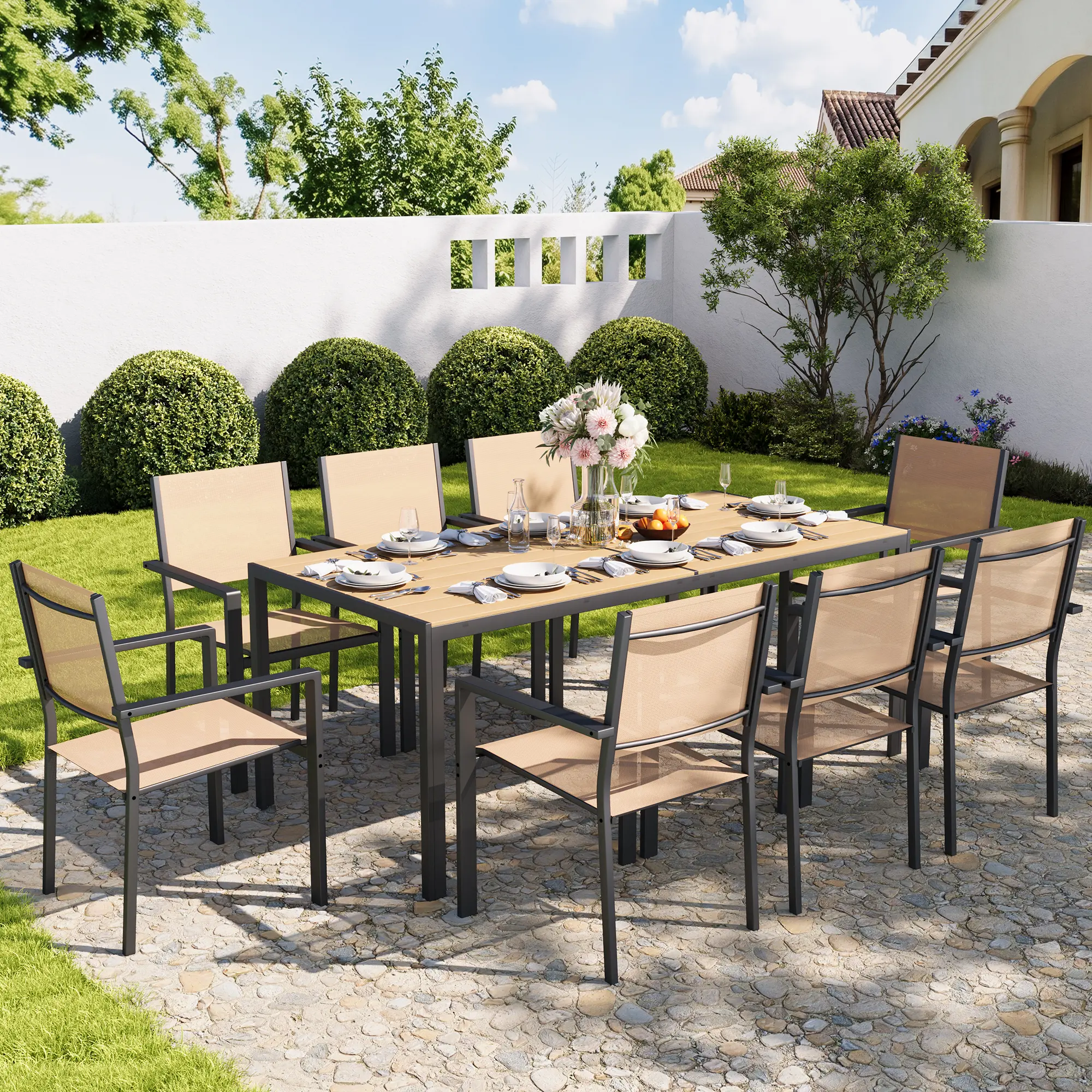 9 / 7 / 5 Piece Outdoor Patio Dining Set with 1 Rectangular Patio Table & 8 Textilene Stackable Chairs, Patio Dining Furniture for 8, WPC Tabletop and All-Weather Resistant Iron Frame, Suitable for Garden, Backyard and Deck, Brown