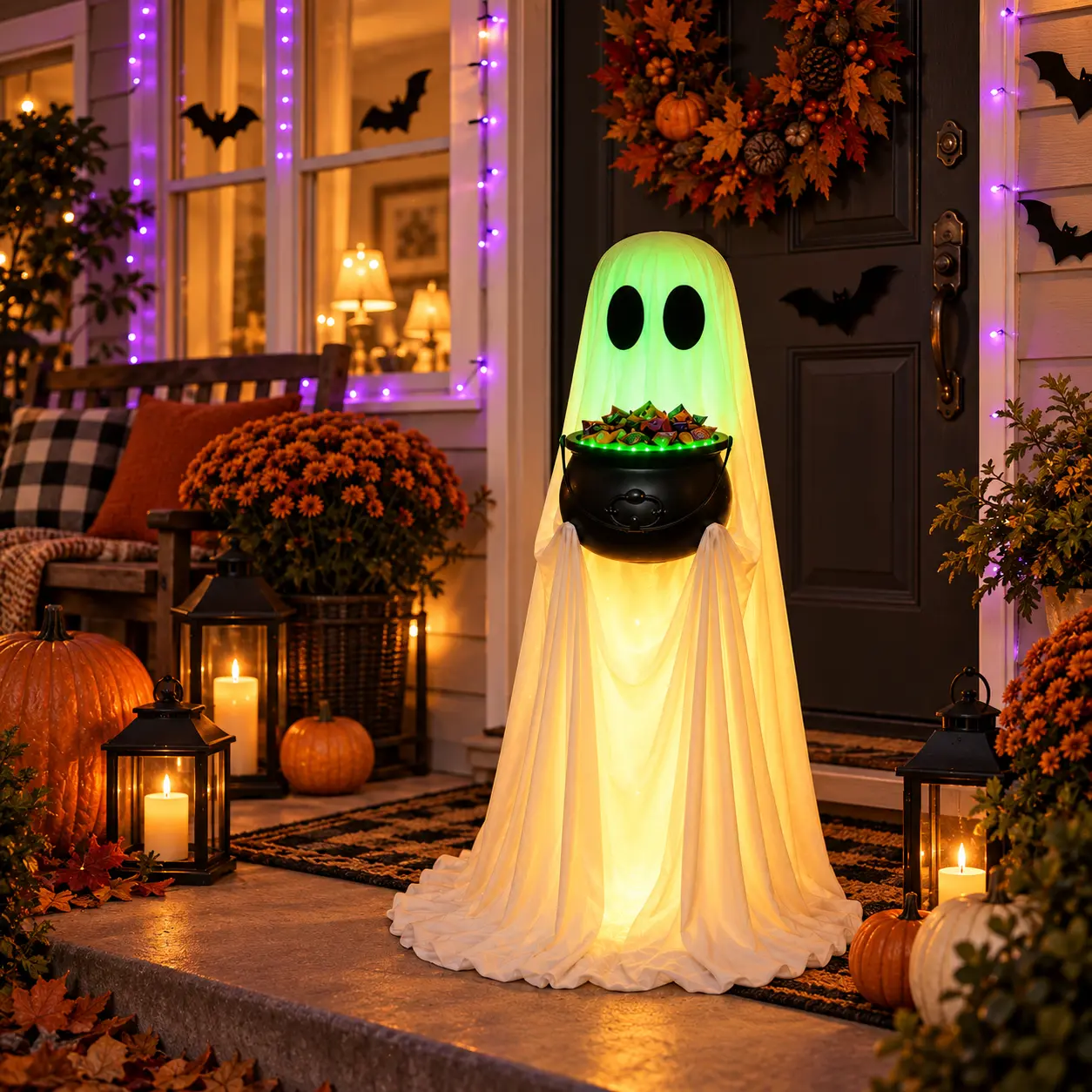 39in Standing Light-Up Spooky Fabric Candy Ghost Display Bowl - 8 Lighting Modes, Glowing Holder, 2 Interchangeable Witch Hats, Unisex Extra Large Candy Station for Outdoor/Indoor Porch Festive Decoration