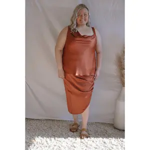 Brush It Off Ruched Satin Skirt - High Waist Asymmetrical Midi Skirt in Burnt Orange Rust for Summer Wear - Chic & Stylish with Ruched Side Slit Bottoms Womenswear