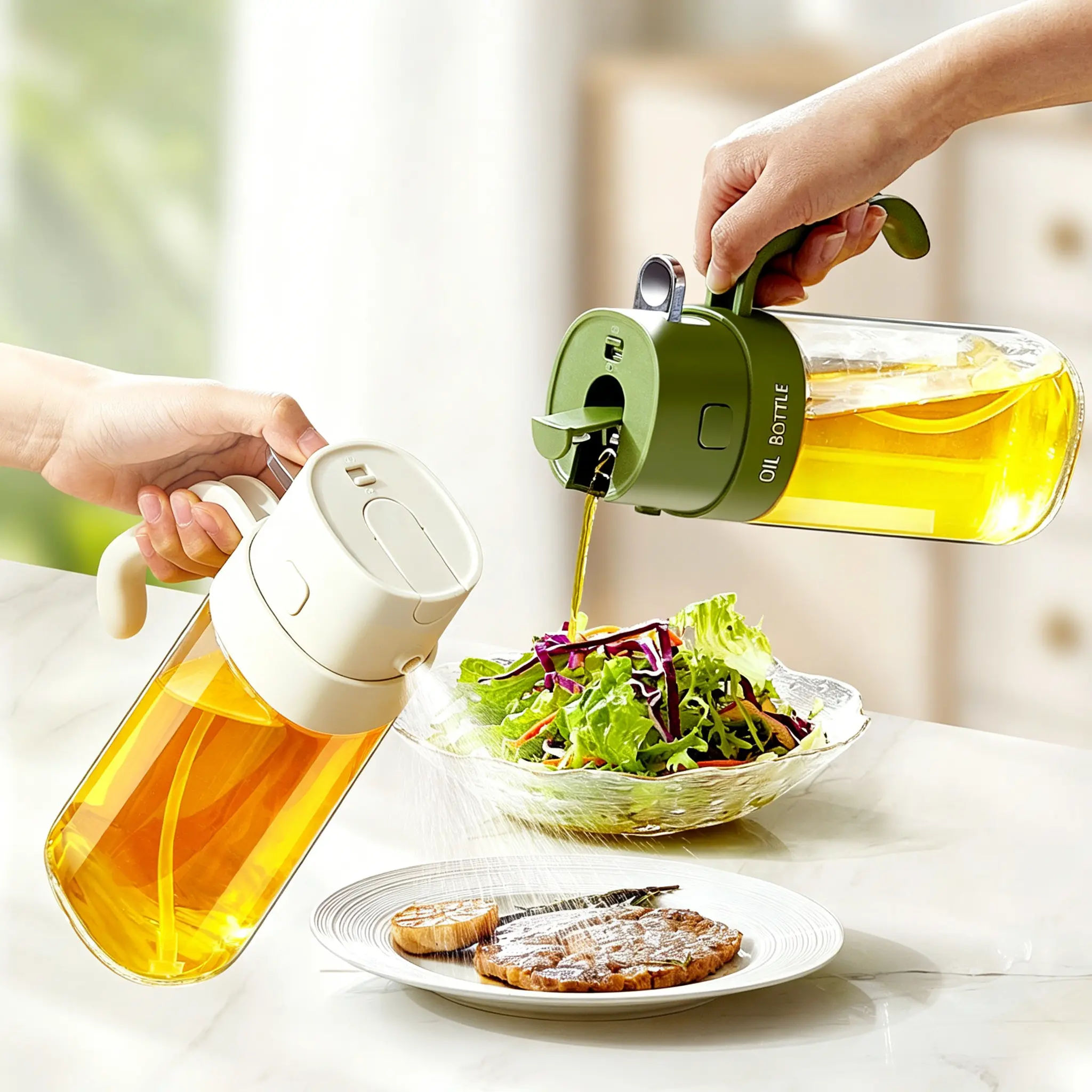 Glass Oil Bottle, Spray & Pour 2-in-1 Kitchen Oil Sprayer, Dual-Use Oil Dispenser with Atomizing Nozzle, Large Capacity Oil Sprayer Bottle