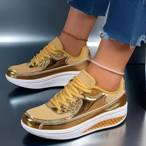 [Sequin Fashion Sneakers] Golden & Yellow Lightweight Sequin Casual Sneakers - Women's Fashionable Comfortable Fabric Lace-Up Low Tops for All Seasons