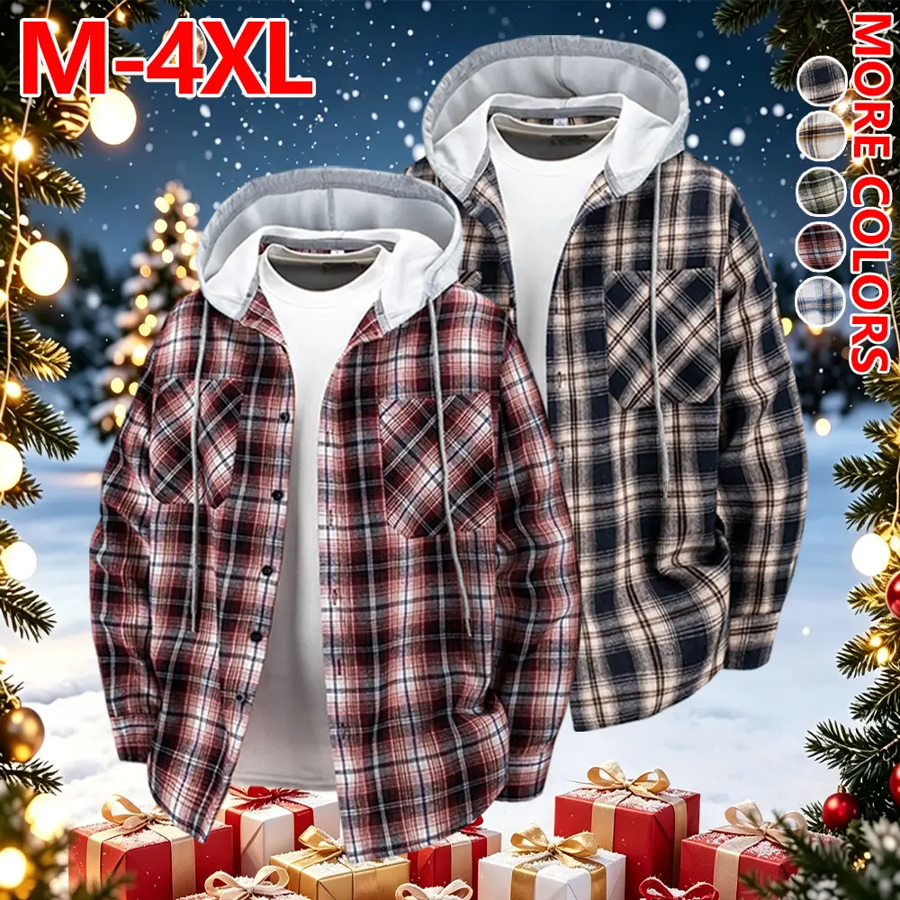 Set of 2 men’s plus-size hooded plaid shirt jackets, vintage plaid outerwear for autumn/winter, relaxed drop-shoulder fit, front double-pocket design for convenient storage of small items, suitable for daily commuting, outdoor outings, and street wear.