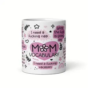 Funny "Mom Vocabulary" Ceramic Coffee Mug - Sarcastic Mother's Day Gift - 11oz/15oz Pink Doodle Style Tea Cup - Relatable Parenthood Gag Gift for Mom, Wife, or New Moms - Hilarious Swear Word Coffee Mug