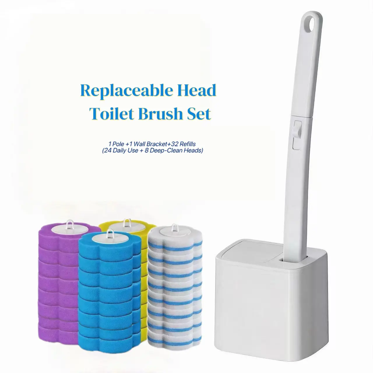 Disposable Toilet Brush Set with 32 Refills, Wall-Mount Holder - Bathroom Cleaning Kit for Toilet Bowl, Sink, Bathtub, Urinal Drain