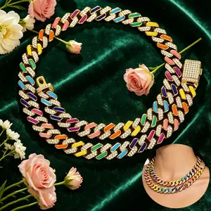 Colorful Rainbow Enamel Inlay Iced Out Diamond Cuban Link Choker Necklace 18K Gold Plated Bling Rhinestone Curb Chain Hip Hop Jewelry for Birthday Party Gift for Mens Womens Teens
