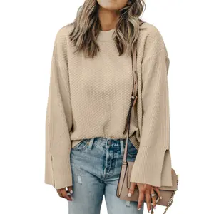Parchment Solid Textured Knit Split Cuff Drop Shoulder Sweater