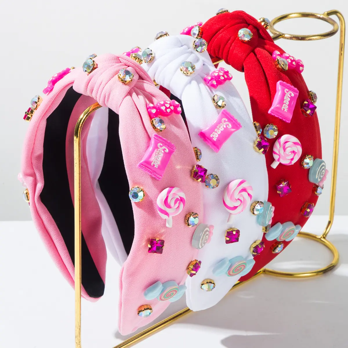 Candyland Knotted Fabric Headband for Women, Wide Jeweled Design with Cute Lollipop Charms for Parties or Everyday Fashion, Engagement, Candyland Party