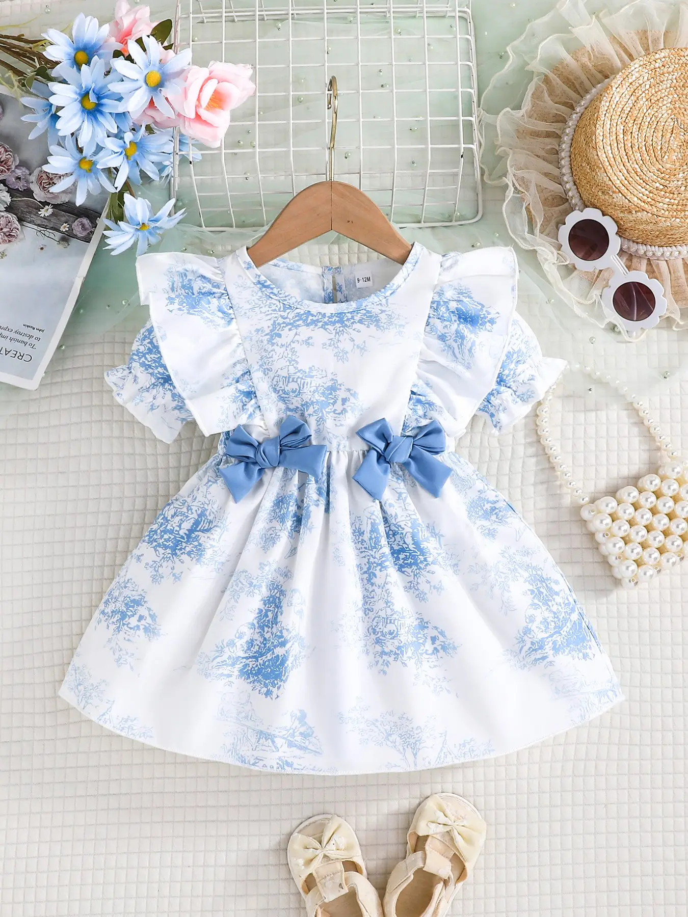 Toddler Girl Elegant Blue & White Floral Dress  Ruffle Sleeve Outfit with  Double Bow Accents, Baby Clothing | Perfect Spring Baby Clothes for Outings  - TikTok Shop