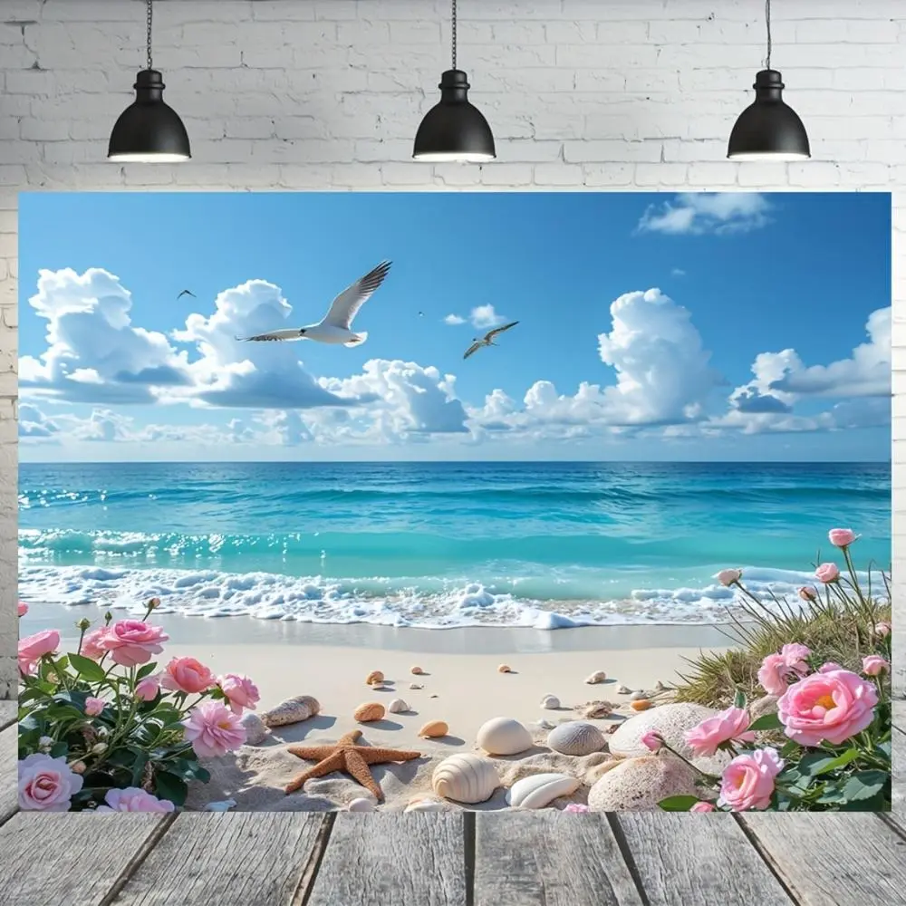 1pc Durable 100% Polyester Reusable Seascape Print Backdrop Banner - Vibrant Sea Blue, Sky, Seagulls, White Clouds, Sandy Beach - Easy-Care Happy Birthday, Home Decor for Indoors-Outdoors
