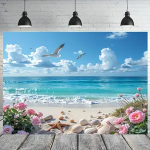 1pc Durable 100% Polyester Reusable Seascape Print Backdrop Banner - Vibrant Sea Blue, Sky, Seagulls, White Clouds, Sandy Beach Scene - Easy-Care Home & Birthday Party Decor for Indoors/Outdoors