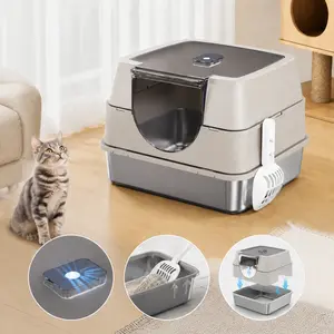 Fully Enclosed Stainless Steel Cat Litter Box with Flip-Top Lid, Odor Control, Privacy Door & Built-In Scoop, Spacious Design for Large Cats, Easy to Clean