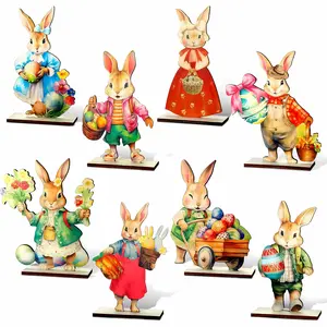 8pcs Rustic Bunny Wooden Figurines, Spring Birthday Wedding Easter Decor, Cute Table Centerpiece and Shelf Decor for Outdoor Picnic
