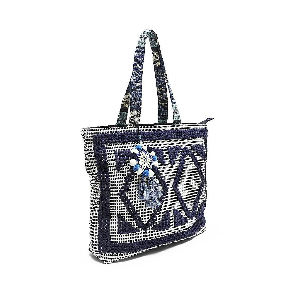 STEVE MADDEN Women's Oversized Casual Embroidered Carpet Tote Bag with Double Handle, Tassel & Multi-Compartment Interior, Embroidery, Zip