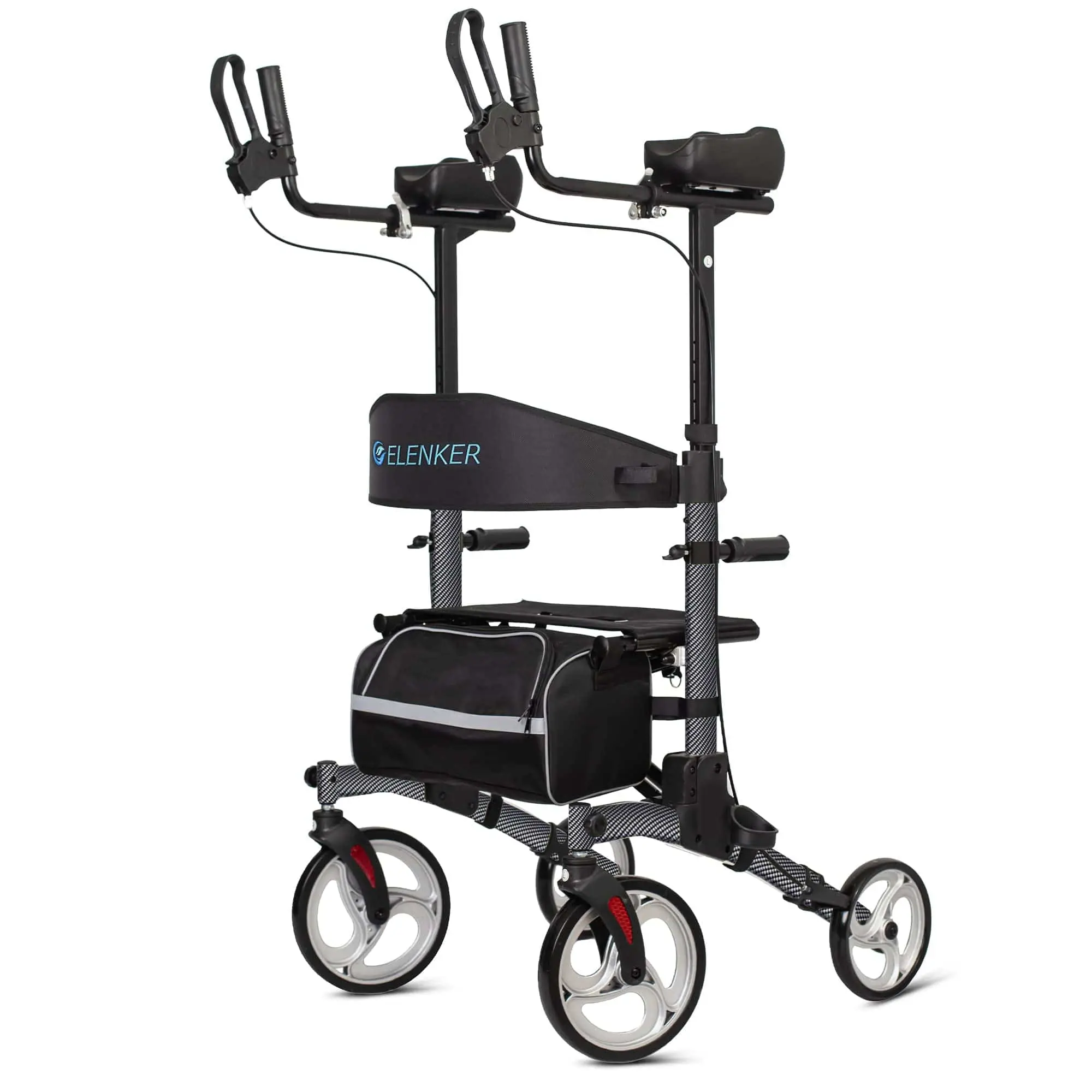 ELENKER Foldable Carbon Fiber Black Upright Rollator Walker (HFK-9240) - 10” Front Wheels, Backrest Seat, Padded Armrests, Senior Daily Healthcare Equipment Aid