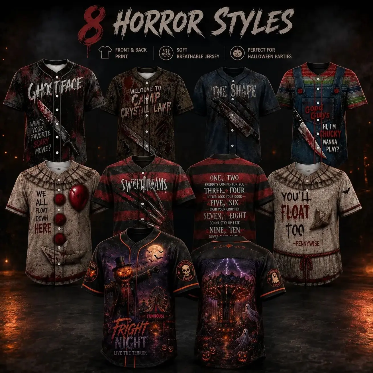 Men's Horror Baseball Jersey, 8 Spooky Graphic Styles, Button Down Halloween Shirt, Front & Back Print, Lightweight Short Sleeve Top for Men, Halloween Party, Haunted House, Horror Movie Night, Fall Festival, Costume Events, Streetwear & Gifts VJ7