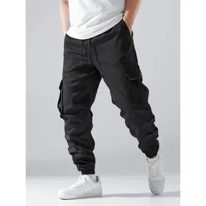 Men's Plain Solid Color Cargo Pants - Menswear with Flap Pockets, Drawstring Waist, Regular Fit, Straight Leg - Casual Street Trousers for Daily Wear, All-Season Bottoms