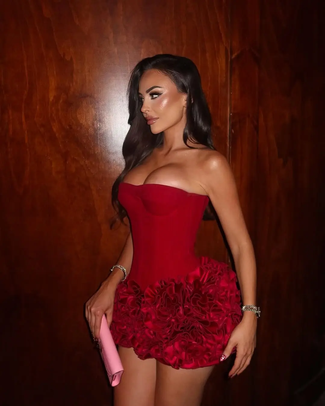 Fiore Rosette Dress - Strapless Corset Bodice with Boning & Adjustable Lace-Up Back, Bubble Mini Skirt in Statement Red for Milestone Birthdays & Fashion Events