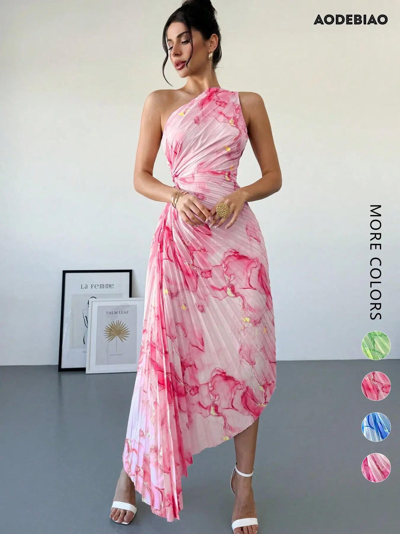 aodebiao Leisure and Resort Collection Elegant One-Shoulder Asymmetrical Women's Dress, Backless Waist Cinched, Sleeveless, Beach Vacation Wear, Sexy Party, Boho Style, Midi Length, Elegant Fit Dress