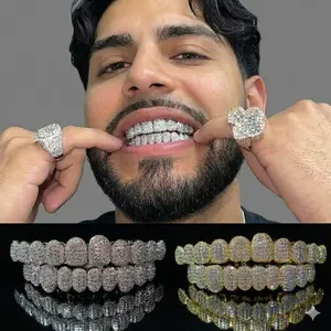 Hip Hop Cubic Teeth Grills 2pcs Set - 20pcs & Bottom Grills for Rappers and Cosplayers with Glittering Finish Oral Heart Shaped Brackets Ceramic Braces