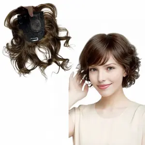Natural Wavy Human Hair Side Bangs Toppers Clip In Hair Extensions Brazilian Straight Hairpieces for Women Thinning Hair Loss Invisible Glueless Short Hair Toupees 10inch Dark Brown Color 35g