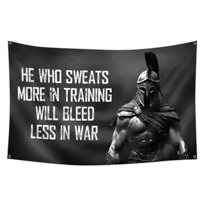 2D Flat Banner Spartan Warrior Flag, Military Motivational Decor, Durable Polyester Fabric, Indoor Outdoor Use, Gym Office Wall Art