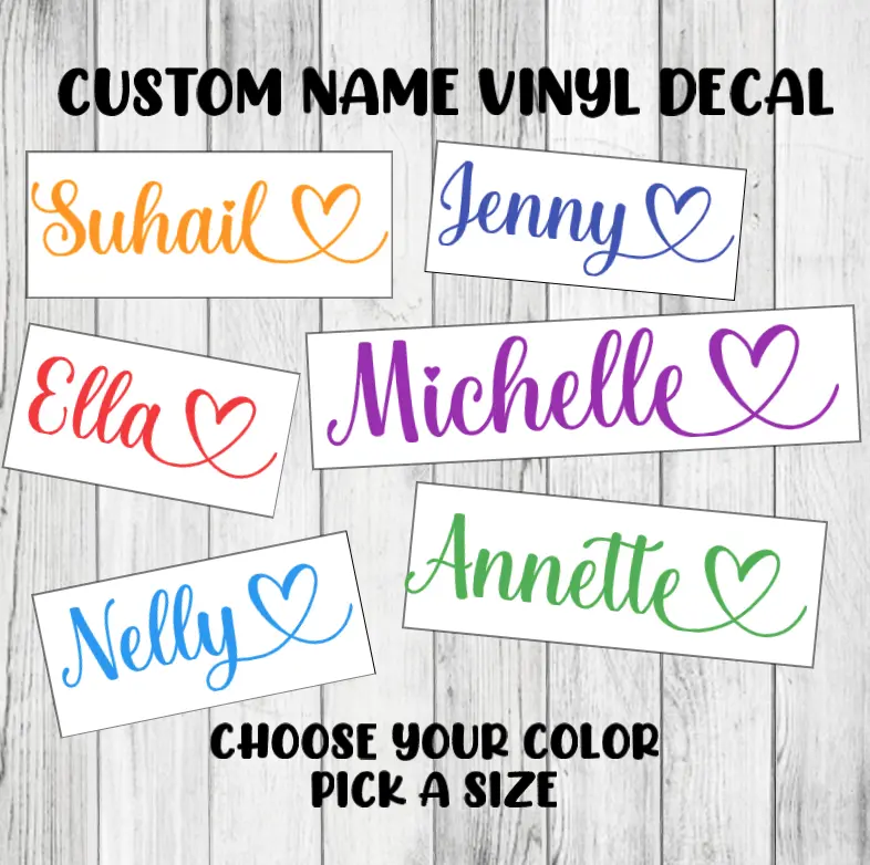 Custom Name Decal Personalized Die-Cut Permanent Cursive Lettering Heart Sticker Organiser, Bottles, Cups, Canister, Tin, Laptop, Luggage, Car, Truck, Window, Wall