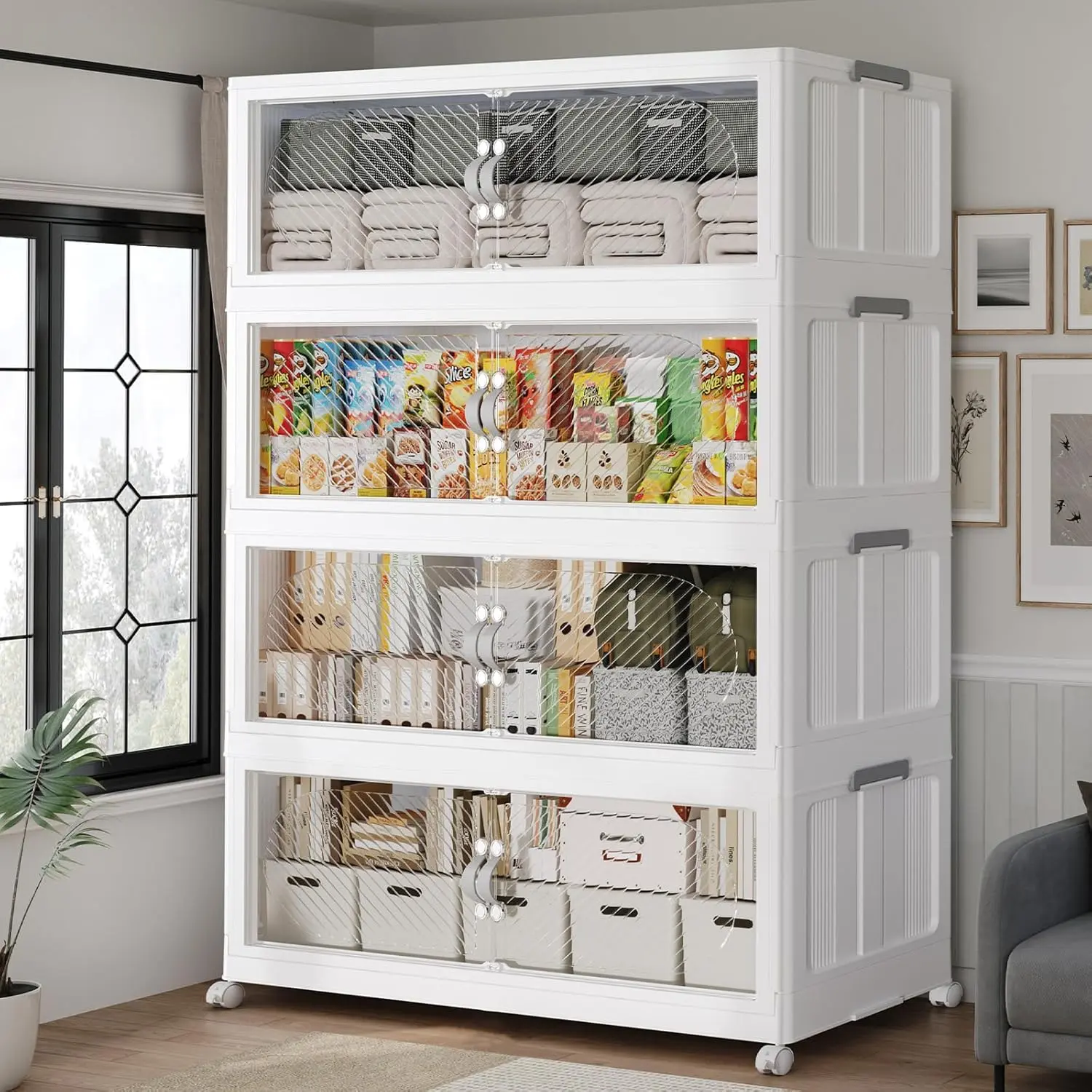 640QT Extra Large Stackable Storage Bins with Lid, 160Gal Plastic Closet Organizers and Storage Drawer, Collapsible Cabinet Box with Wheels Clear Doors for Home Kitchen Office, 4Pack White